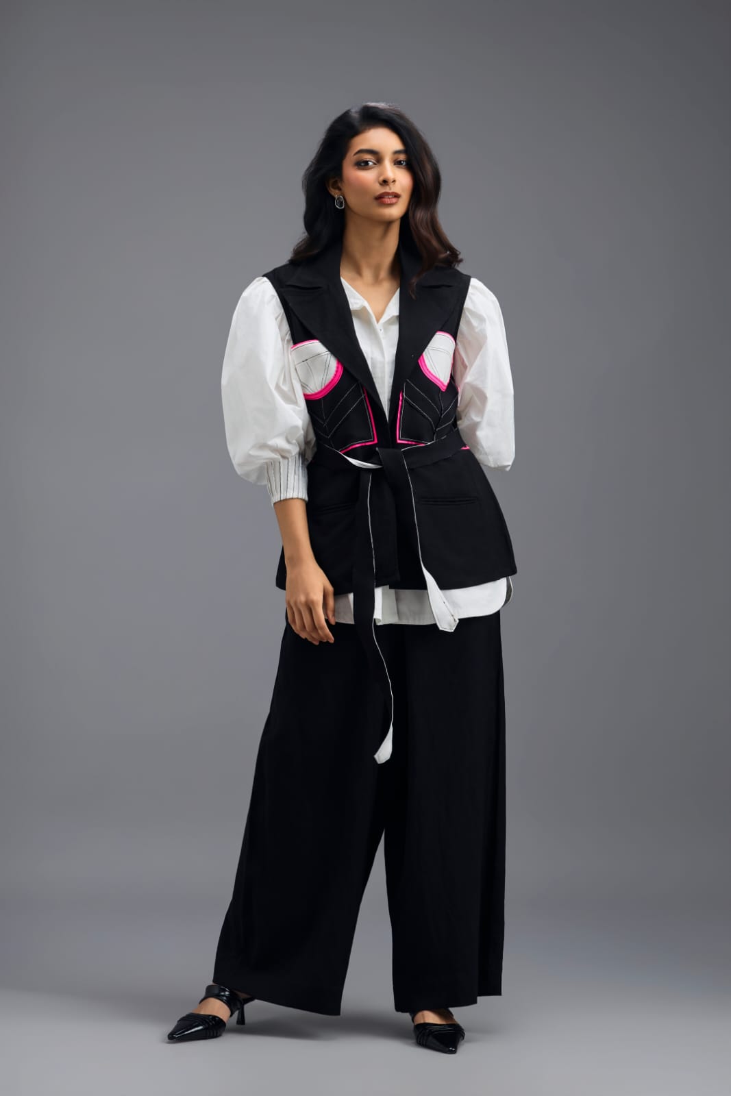 BLACK CO-ORD SET WITH NEON PANELLED VEST, PUFF-SLEEVE SHIRT AND TROUSERS