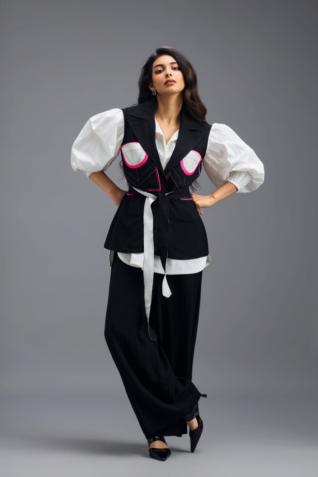 BLACK CO-ORD SET WITH NEON PANELLED VEST, PUFF-SLEEVE SHIRT AND TROUSERS