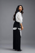 Load image into Gallery viewer, BLACK CO-ORD SET WITH NEON PANELLED VEST, PUFF-SLEEVE SHIRT AND TROUSERS
