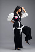 Load image into Gallery viewer, BLACK CO-ORD SET WITH NEON PANELLED VEST, PUFF-SLEEVE SHIRT AND TROUSERS
