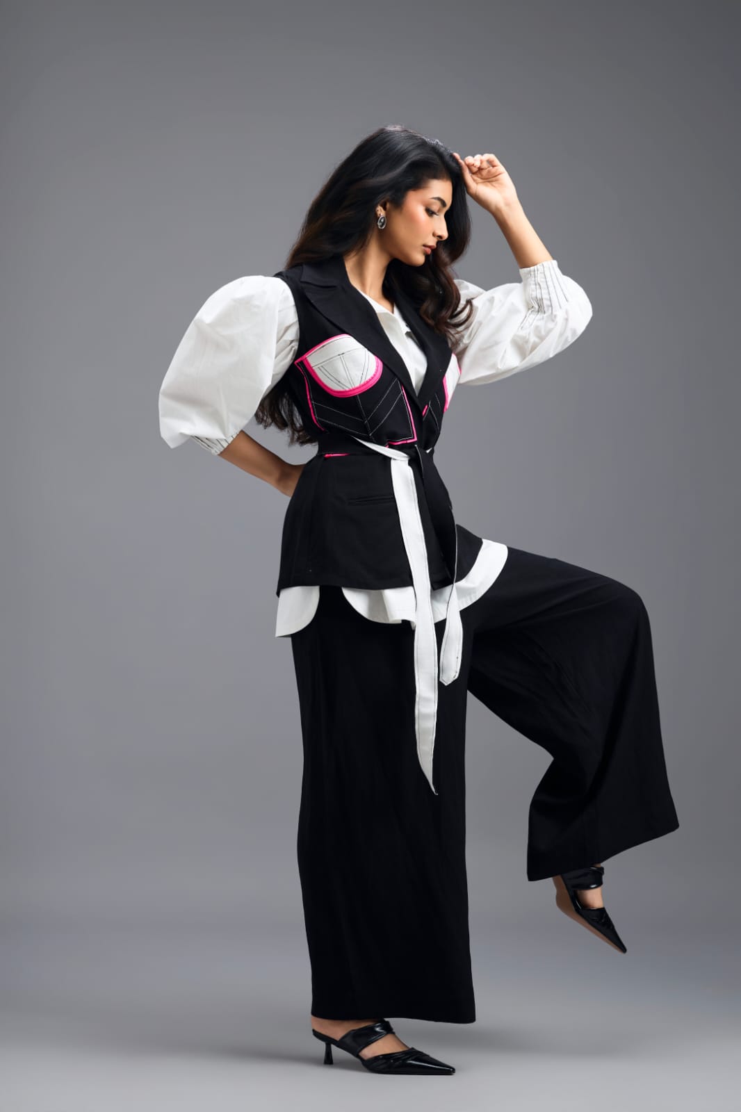 BLACK CO-ORD SET WITH NEON PANELLED VEST, PUFF-SLEEVE SHIRT AND TROUSERS