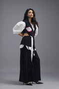 Load image into Gallery viewer, BLACK CO-ORD SET WITH NEON PANELLED VEST, PUFF-SLEEVE SHIRT AND TROUSERS
