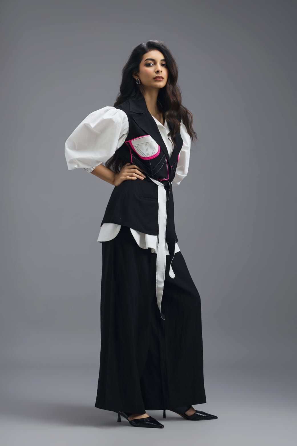 BLACK CO-ORD SET WITH NEON PANELLED VEST, PUFF-SLEEVE SHIRT AND TROUSERS