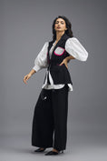 Load image into Gallery viewer, BLACK CO-ORD SET WITH NEON PANELLED VEST, PUFF-SLEEVE SHIRT AND TROUSERS
