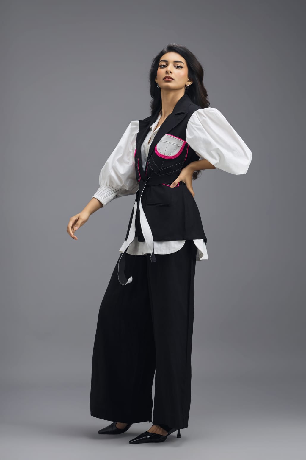 BLACK CO-ORD SET WITH NEON PANELLED VEST, PUFF-SLEEVE SHIRT AND TROUSERS