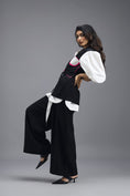 Load image into Gallery viewer, BLACK CO-ORD SET WITH NEON PANELLED VEST, PUFF-SLEEVE SHIRT AND TROUSERS
