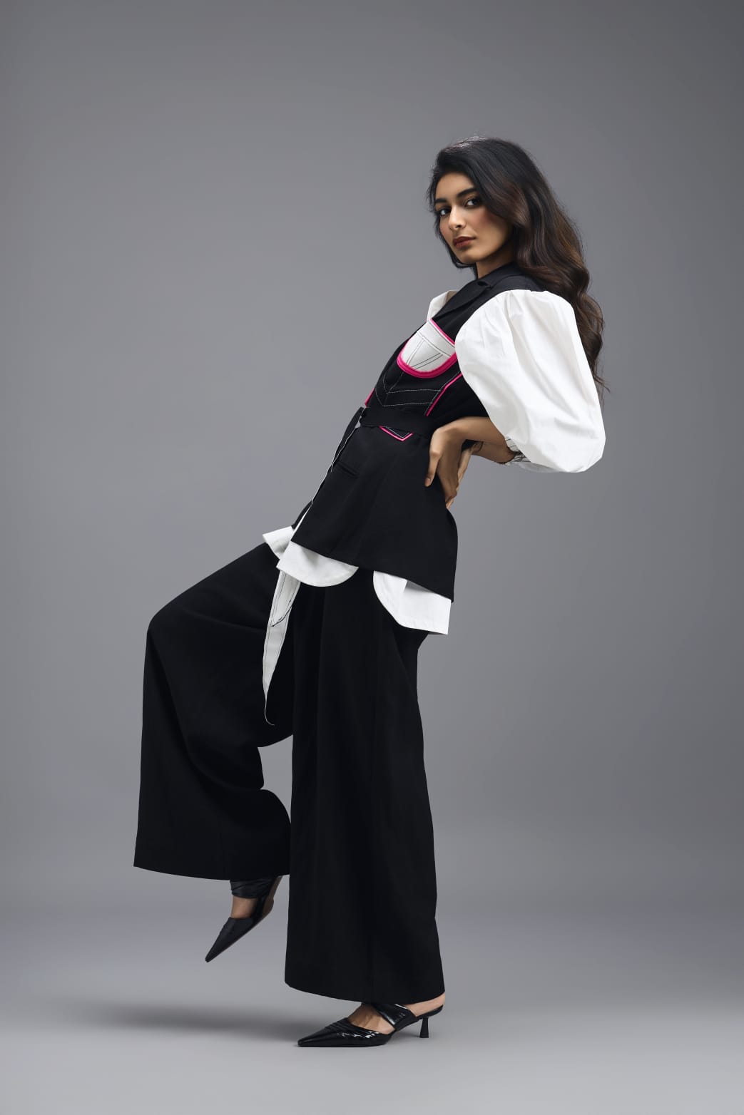 BLACK CO-ORD SET WITH NEON PANELLED VEST, PUFF-SLEEVE SHIRT AND TROUSERS