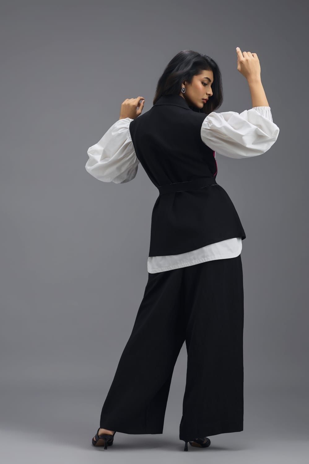BLACK CO-ORD SET WITH NEON PANELLED VEST, PUFF-SLEEVE SHIRT AND TROUSERS