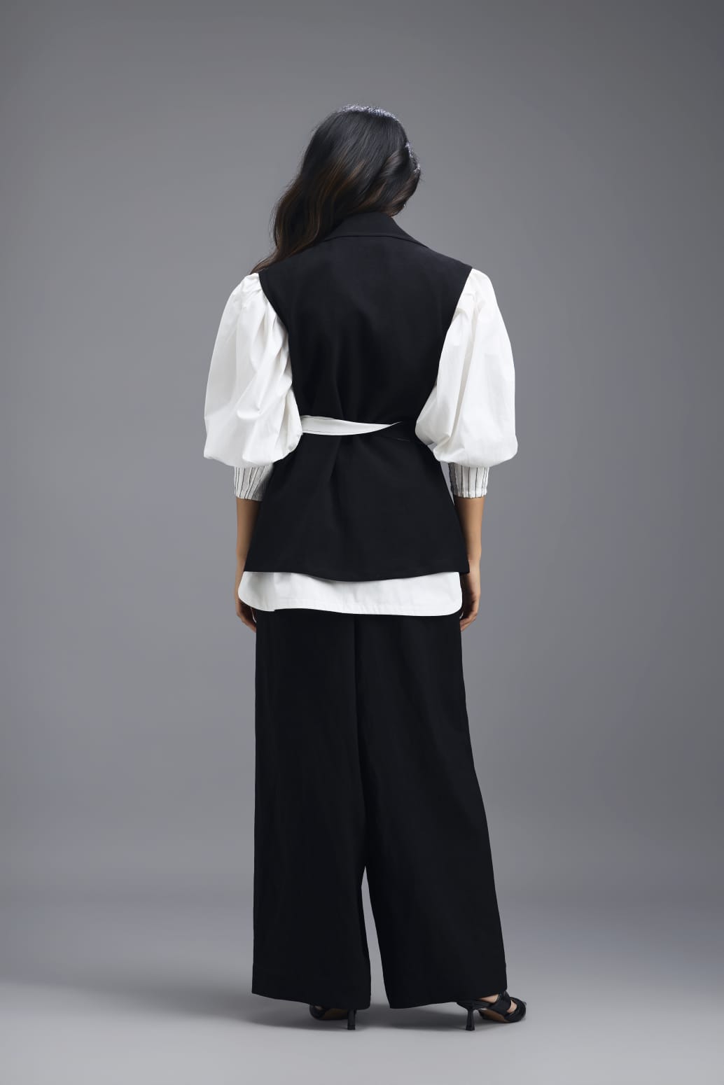 BLACK CO-ORD SET WITH NEON PANELLED VEST, PUFF-SLEEVE SHIRT AND TROUSERS