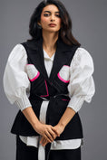 Load image into Gallery viewer, BLACK CO-ORD SET WITH NEON PANELLED VEST, PUFF-SLEEVE SHIRT AND TROUSERS
