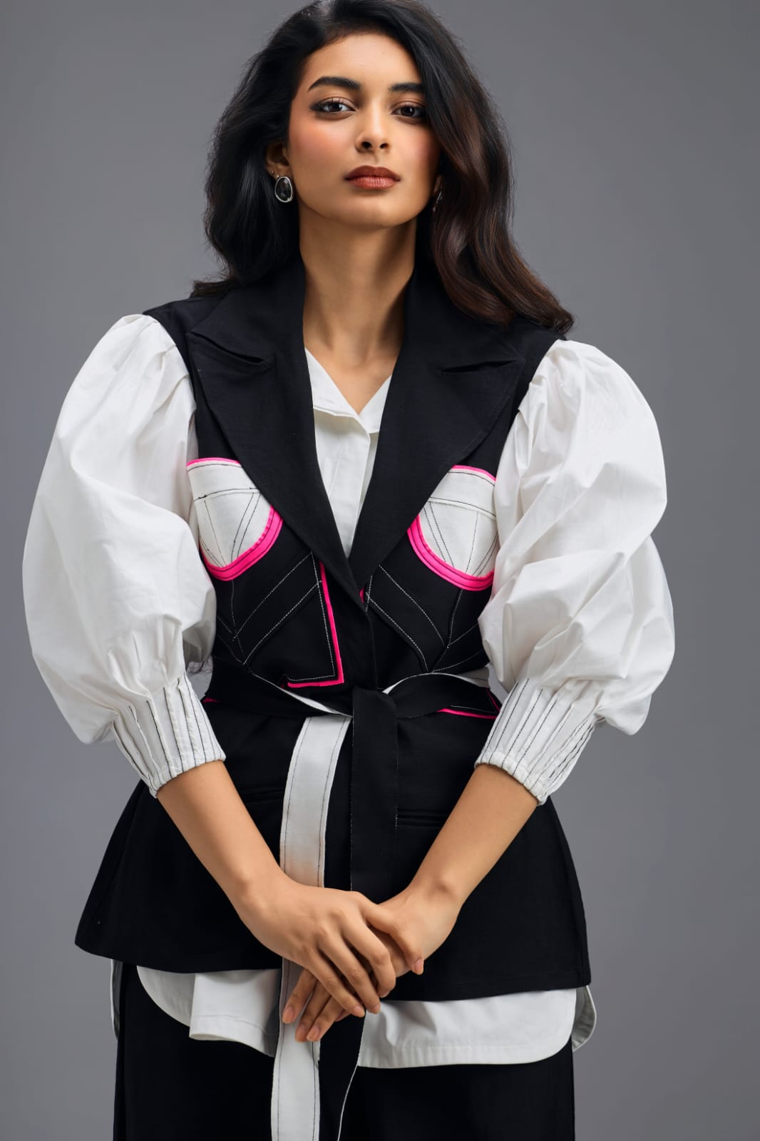BLACK CO-ORD SET WITH NEON PANELLED VEST, PUFF-SLEEVE SHIRT AND TROUSERS