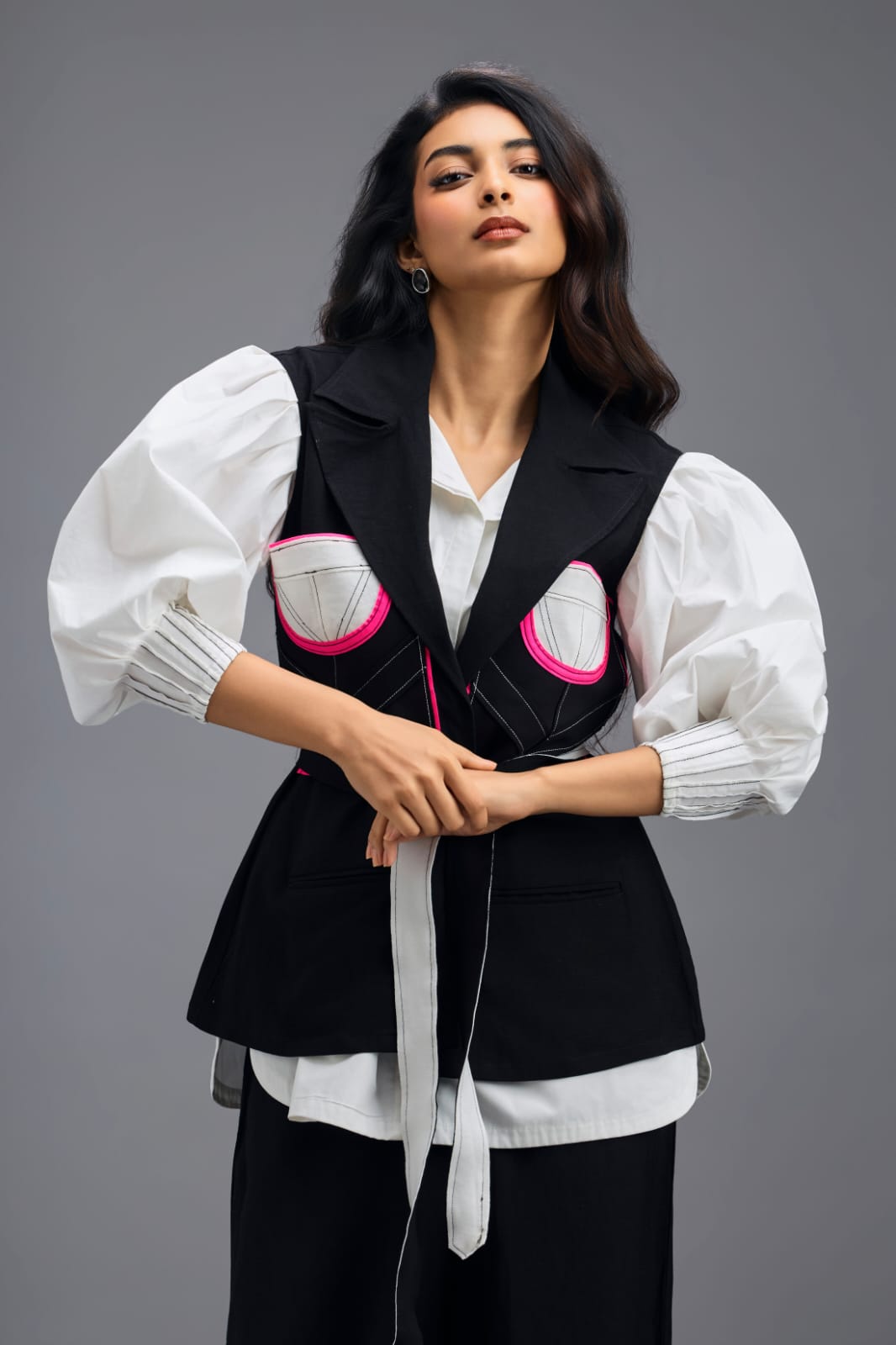 BLACK CO-ORD SET WITH NEON PANELLED VEST, PUFF-SLEEVE SHIRT AND TROUSERS