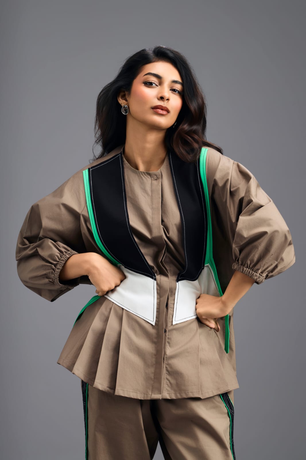 MUD CO-ORD SET WITH NEON GEOMETRIC PANEL DETAIL, BRALETTE AND STRAIGHT PANTS