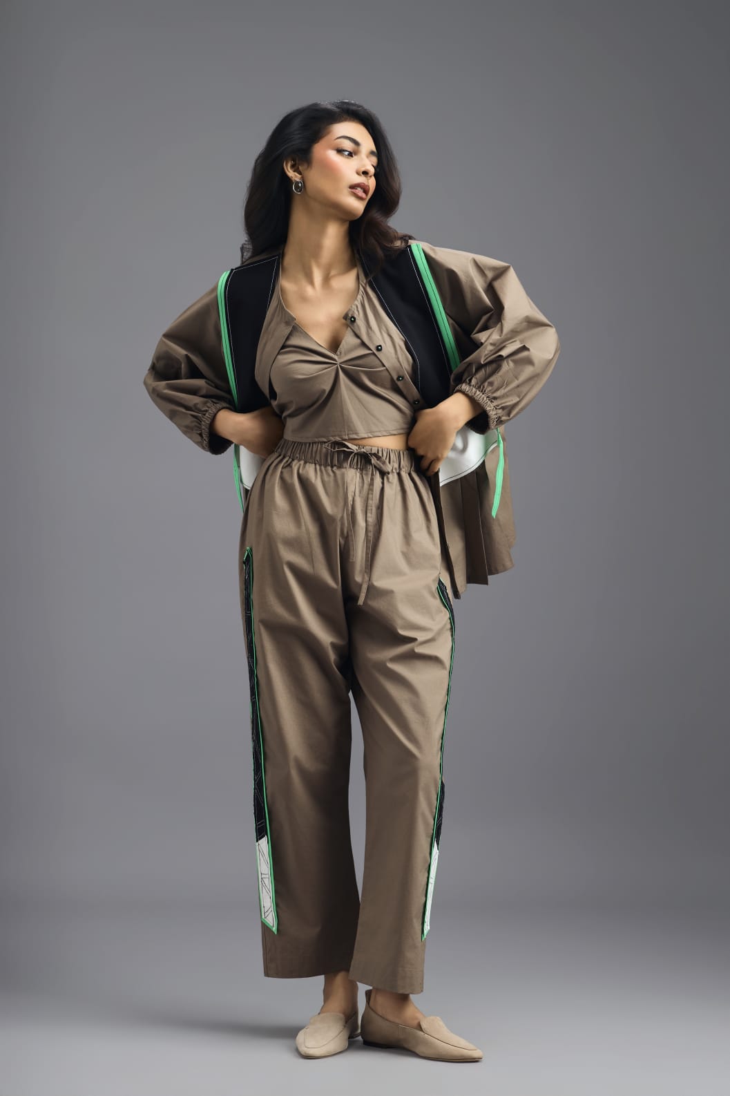 MUD CO-ORD SET WITH NEON GEOMETRIC PANEL DETAIL, BRALETTE AND STRAIGHT PANTS