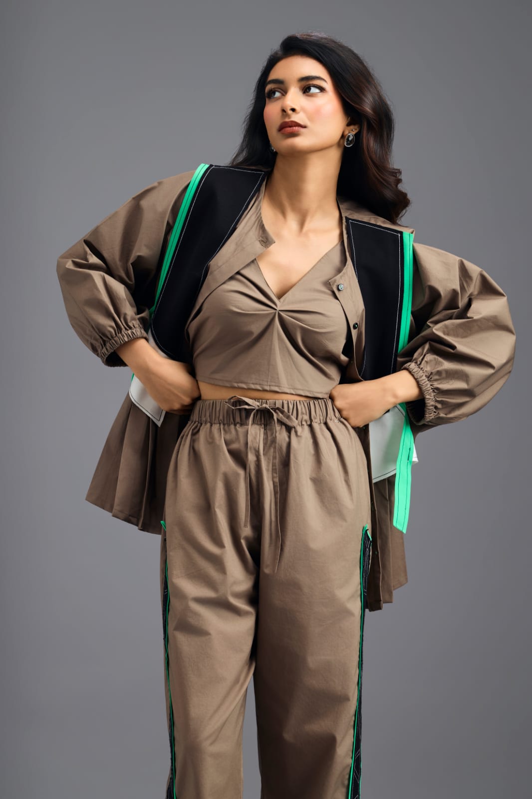 MUD CO-ORD SET WITH NEON GEOMETRIC PANEL DETAIL, BRALETTE AND STRAIGHT PANTS