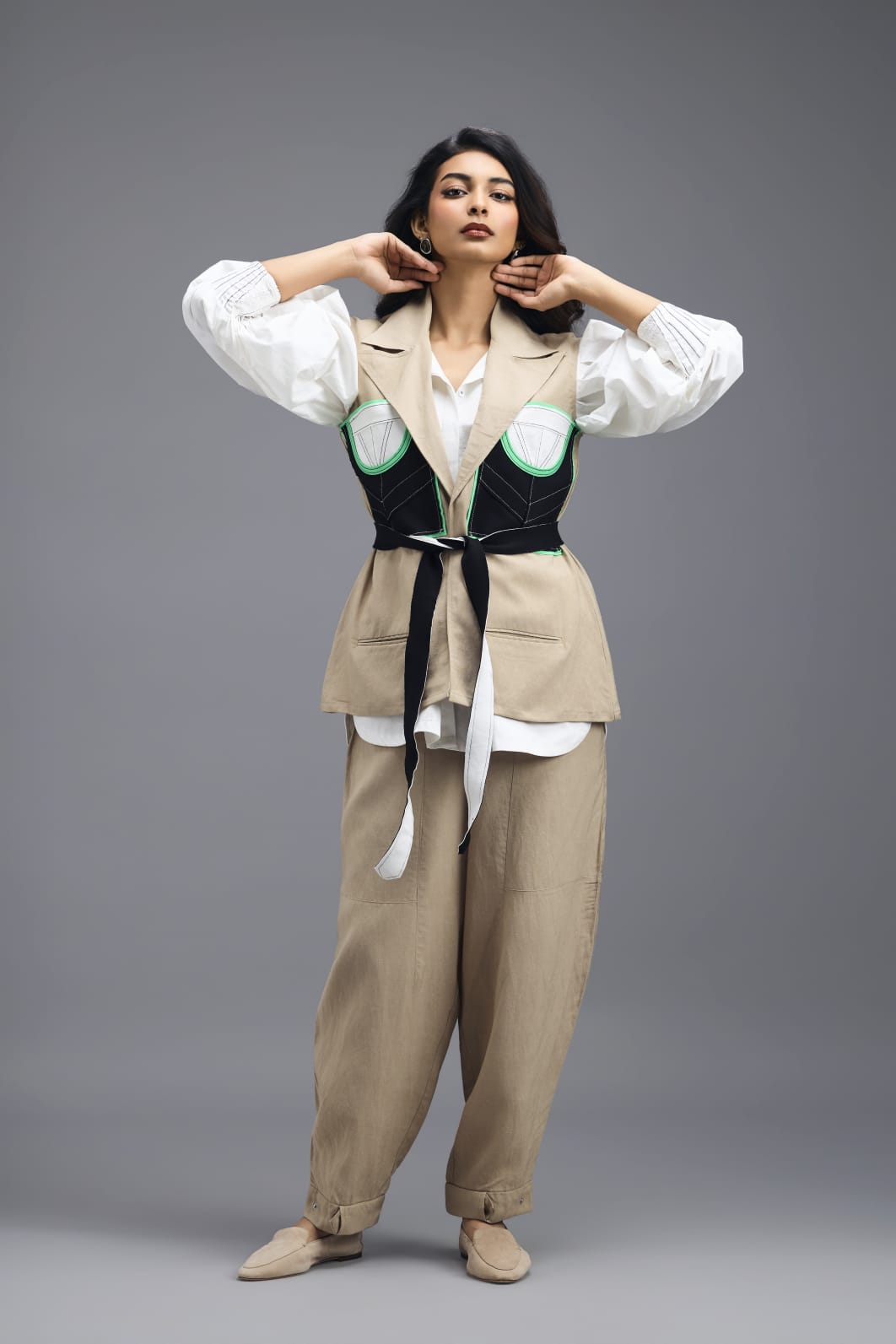 BEIGE SLEEVELESS TAILORED VEST WITH NEON PANEL DETAIL