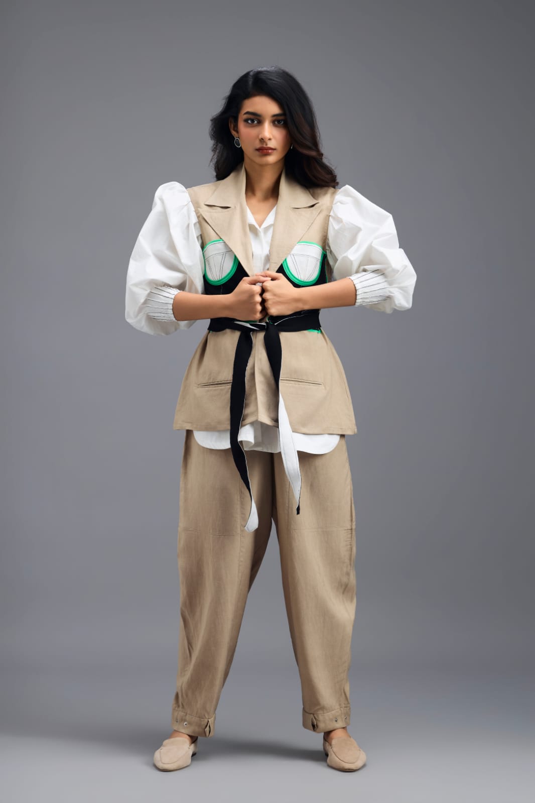 BEIGE SLEEVELESS TAILORED VEST WITH NEON PANEL DETAIL