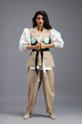Load image into Gallery viewer, BEIGE CO-ORD SET WITH NEON PANELLED VEST, PUFF-SLEEVE SHIRT AND TROUSERS
