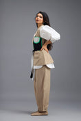Load image into Gallery viewer, BEIGE CO-ORD SET WITH NEON PANELLED VEST, PUFF-SLEEVE SHIRT AND TROUSERS
