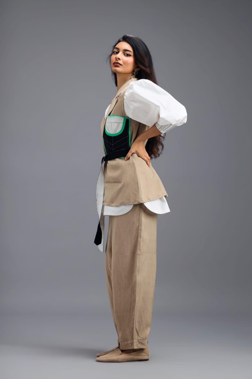 BEIGE SLEEVELESS TAILORED VEST WITH NEON PANEL DETAIL