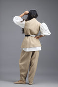Load image into Gallery viewer, BEIGE CO-ORD SET WITH NEON PANELLED VEST, PUFF-SLEEVE SHIRT AND TROUSERS
