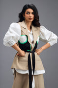 Load image into Gallery viewer, BEIGE CO-ORD SET WITH NEON PANELLED VEST, PUFF-SLEEVE SHIRT AND TROUSERS
