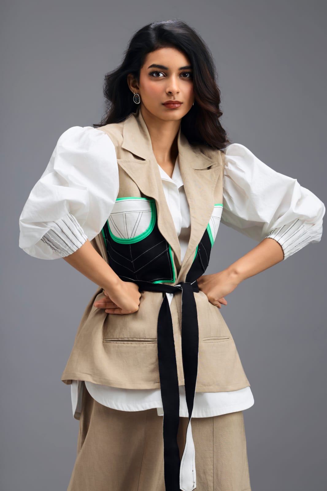 BEIGE CO-ORD SET WITH NEON PANELLED VEST, PUFF-SLEEVE SHIRT AND TROUSERS