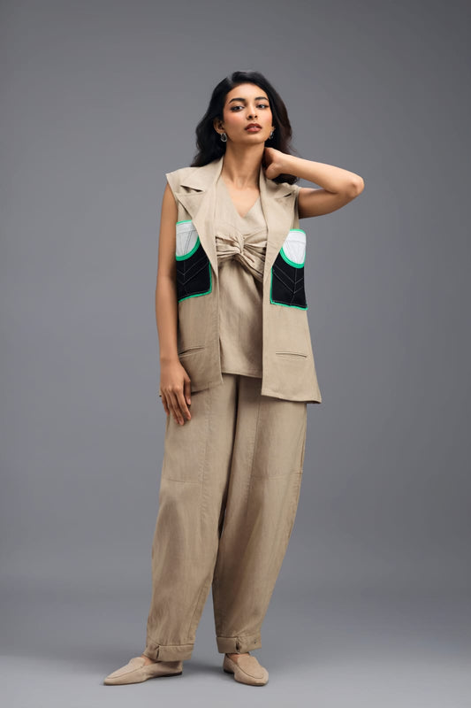 BEIGE CO-ORD SET WITH NEON GEOMETRIC PANELLED BLAZER, TWISTED TOP AND TROUSERS