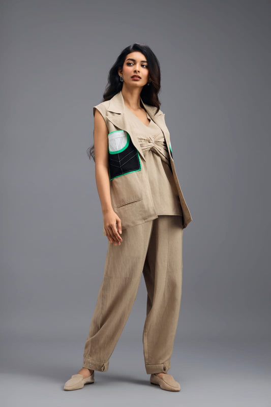 BEIGE CO-ORD SET WITH NEON GEOMETRIC PANELLED BLAZER, TWISTED TOP AND TROUSERS