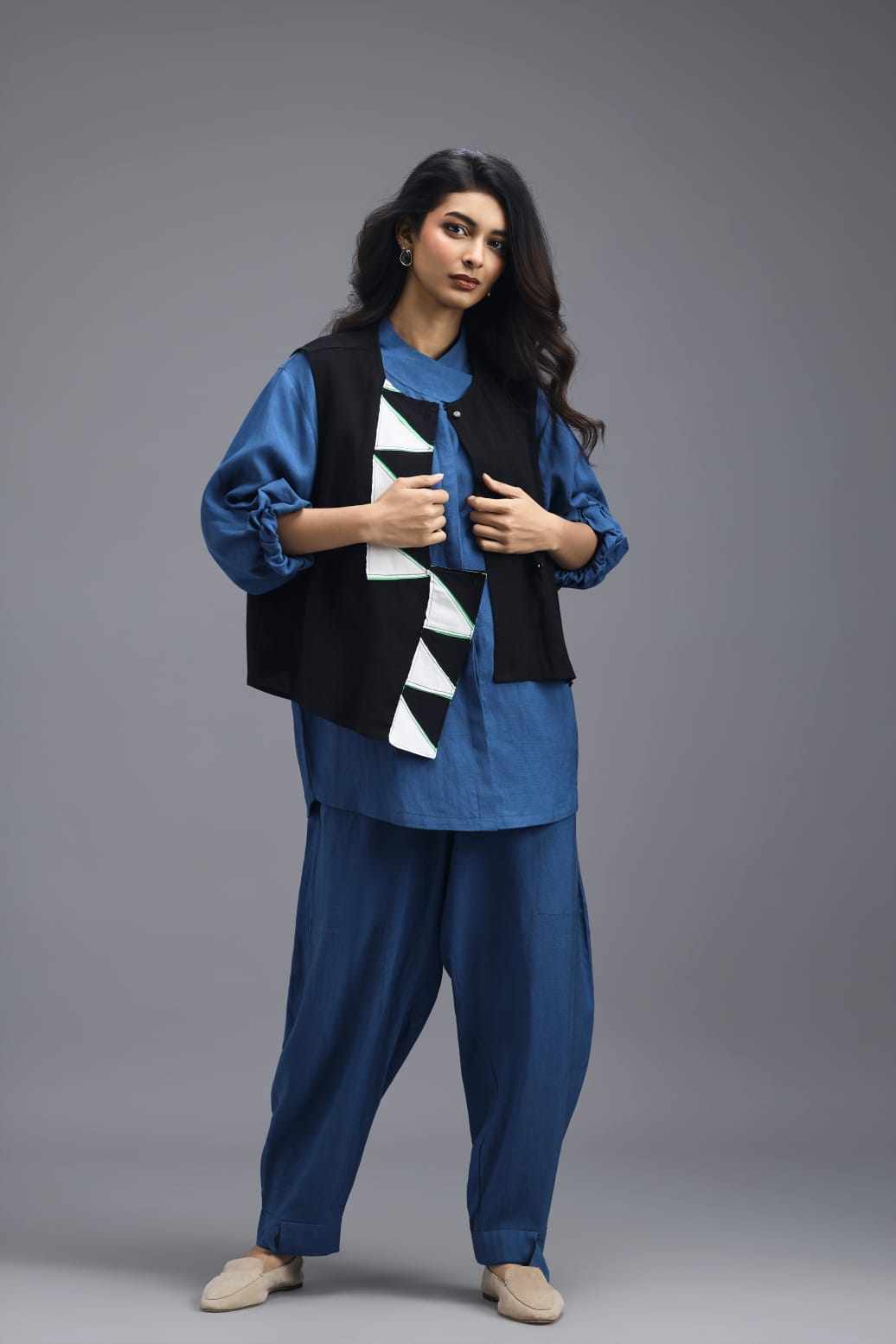 BLACK CO-ORD SET WITH NEON PIPED JACKET, BLUE SHIRT AND LINEN PANTS