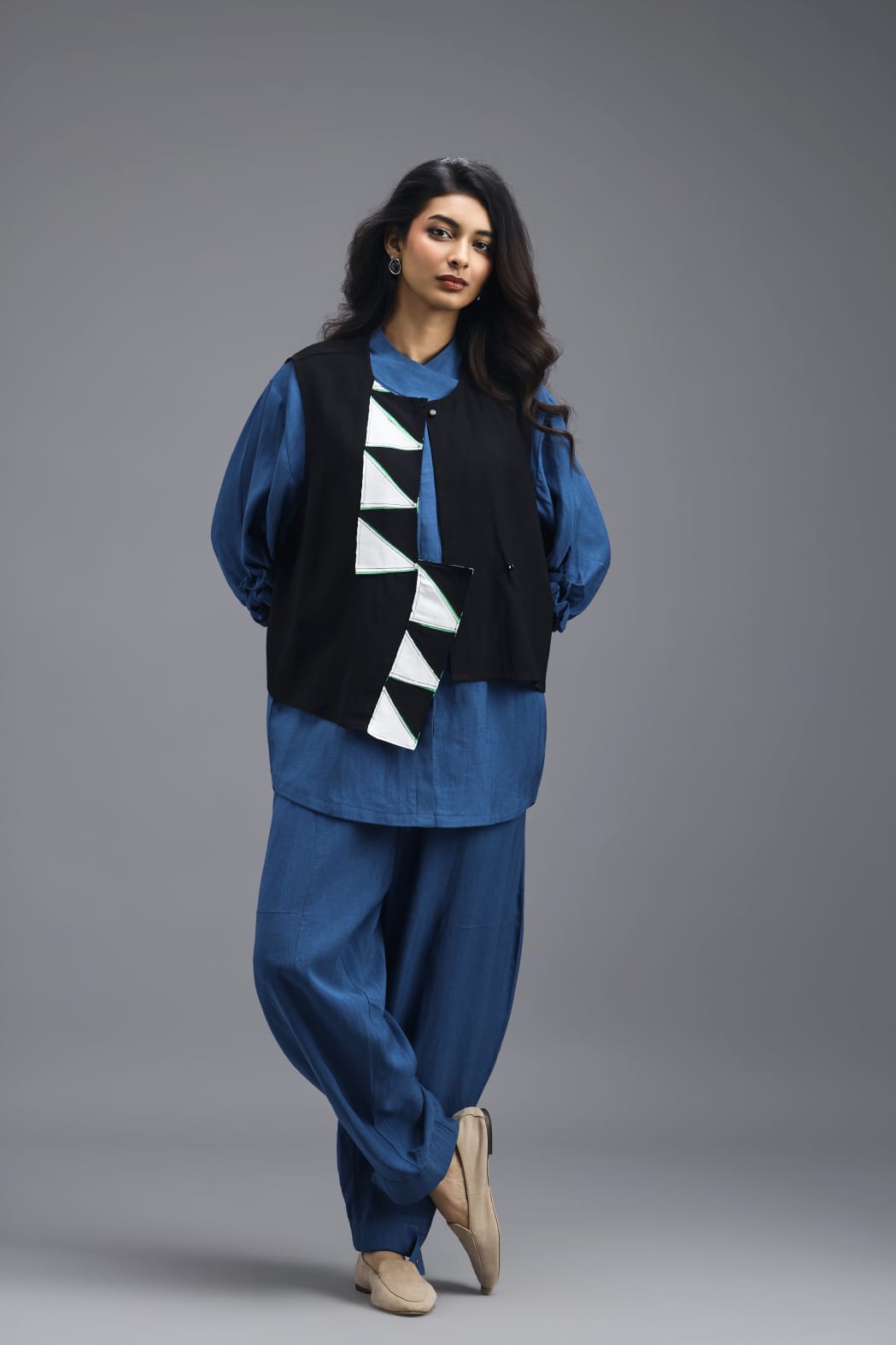 BLACK CO-ORD SET WITH NEON PIPED JACKET, BLUE SHIRT AND LINEN PANTS