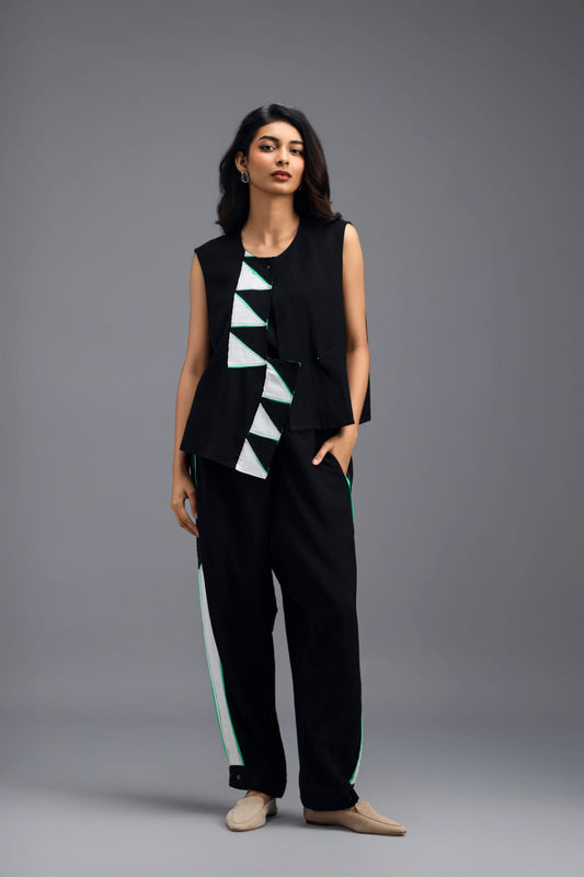 BLACK CO-ORD SET WITH NEON PIPED JACKET, CROP TOP AND STRIPE PANTS