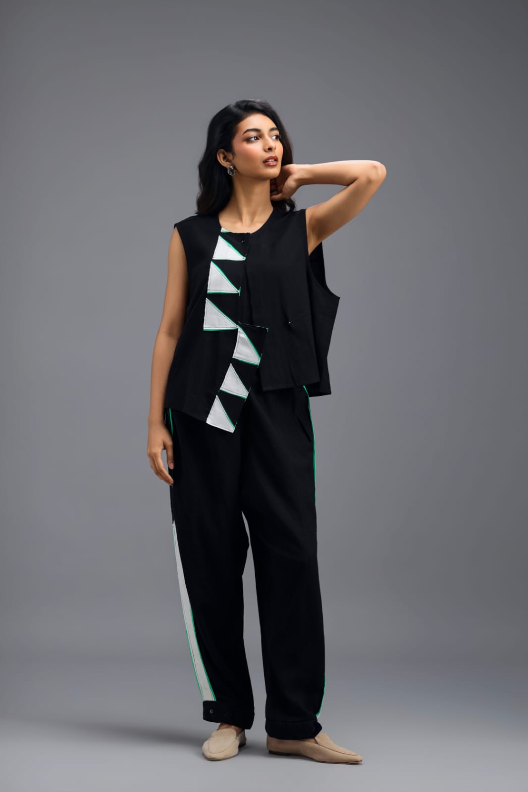 BLACK CO-ORD SET WITH NEON PIPED JACKET, CROP TOP AND STRIPE PANTS