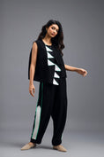 Load image into Gallery viewer, BLACK CO-ORD SET WITH NEON PIPED JACKET, CROP TOP AND STRIPE PANTS
