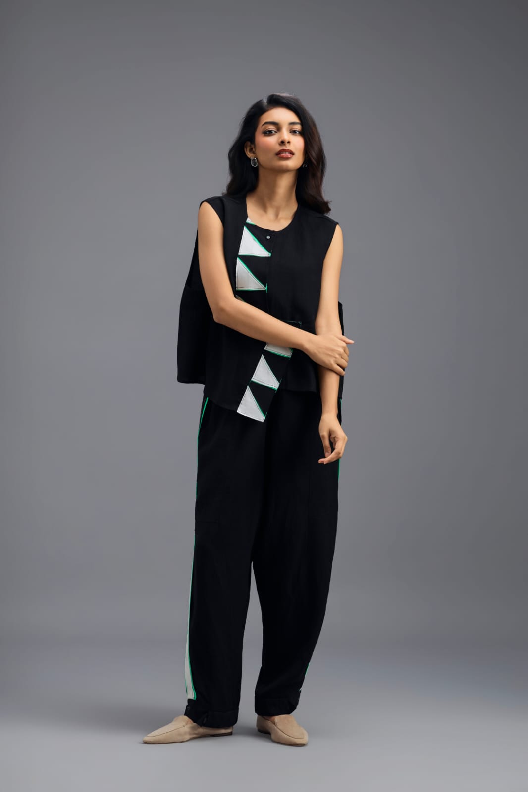 BLACK CO-ORD SET WITH NEON PIPED JACKET, CROP TOP AND STRIPE PANTS