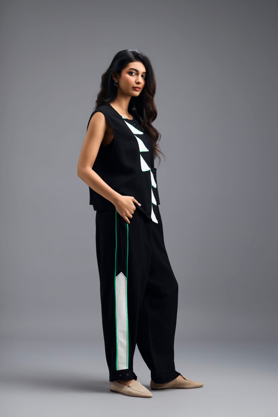 BLACK CO-ORD SET WITH NEON PIPED JACKET, CROP TOP AND STRIPE PANTS