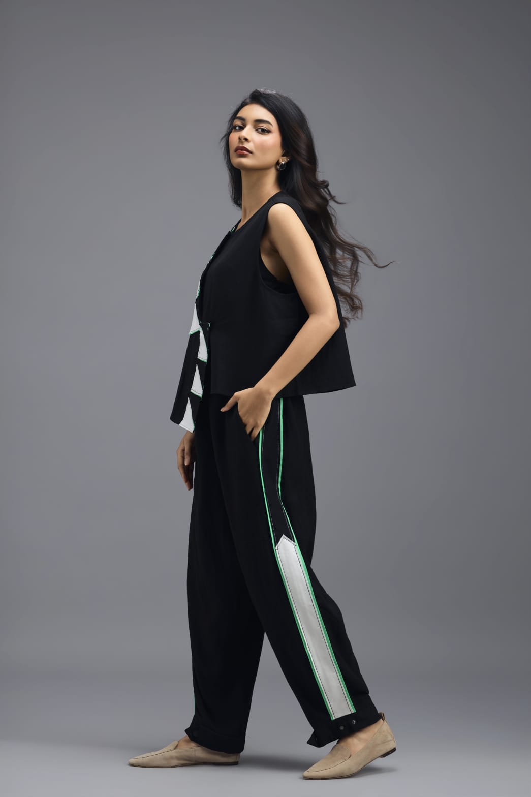 BLACK CO-ORD SET WITH NEON PIPED JACKET, CROP TOP AND STRIPE PANTS