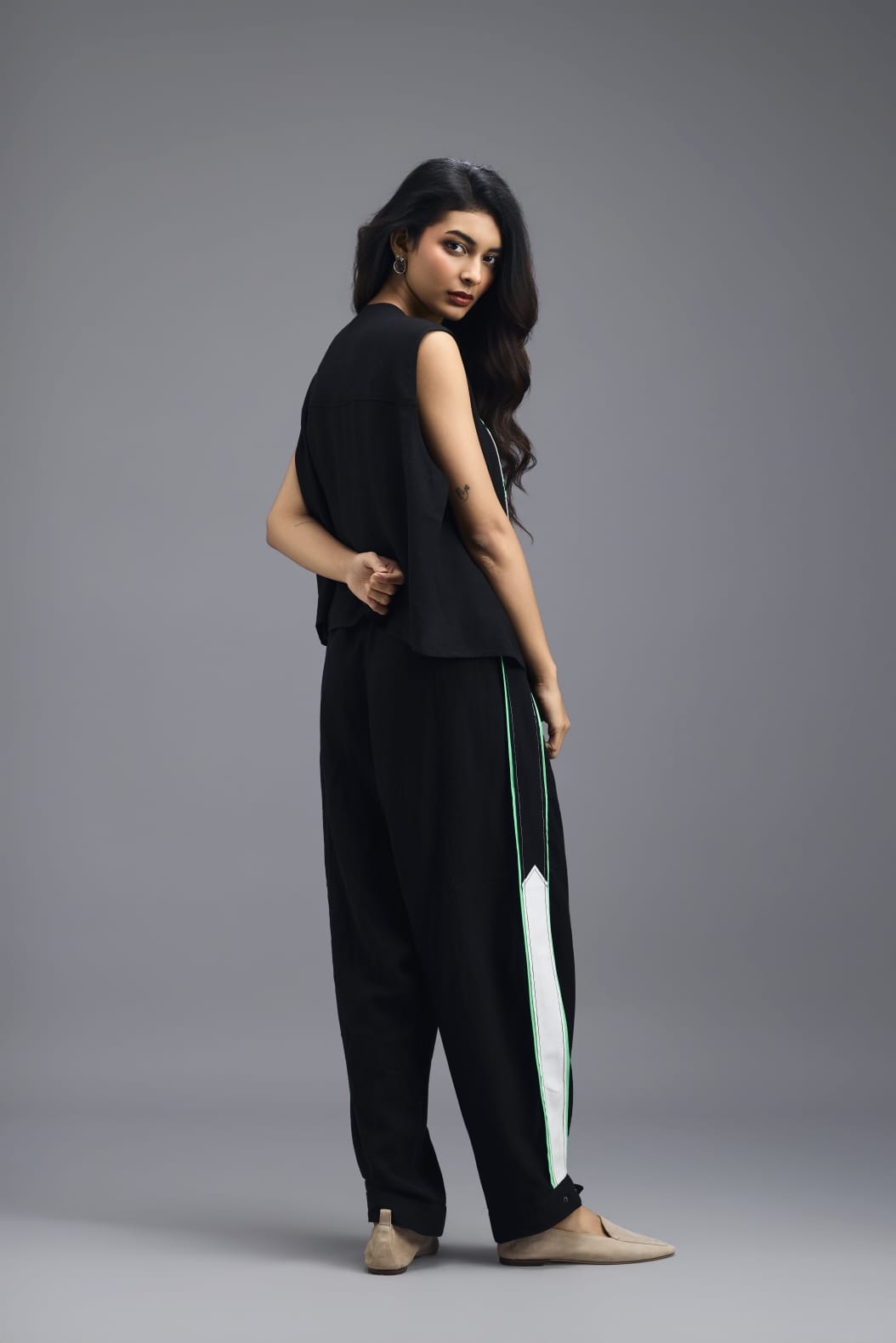 BLACK JACKET WITH NEON PIPED GEOMETRIC DETAIL