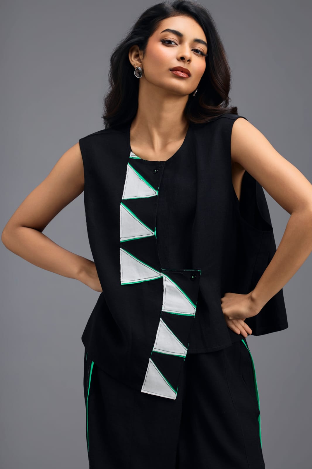 BLACK CO-ORD SET WITH NEON PIPED JACKET, CROP TOP AND STRIPE PANTS