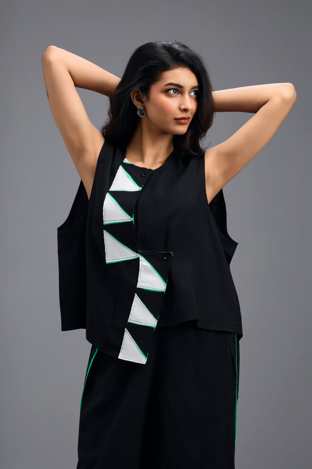 BLACK JACKET WITH NEON PIPED GEOMETRIC DETAIL