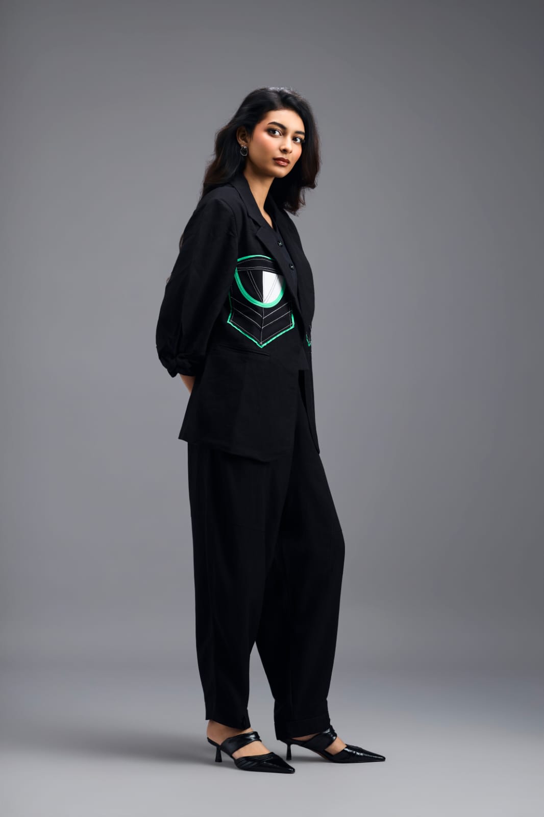BLACK CO-ORD SET WITH GEOMETRIC PATCH DETAIL BLAZER, PEPLUM INNER AND RELAXED TROUSERS