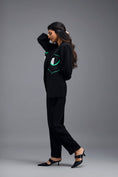 Load image into Gallery viewer, BLACK CO-ORD SET WITH GEOMETRIC PATCH DETAIL BLAZER, PEPLUM INNER AND RELAXED TROUSERS
