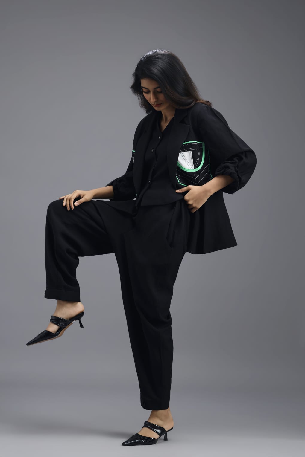 BLACK TAILORED BLAZER WITH GEOMETRIC PATCH POCKET DETAIL AND NEON PIPING