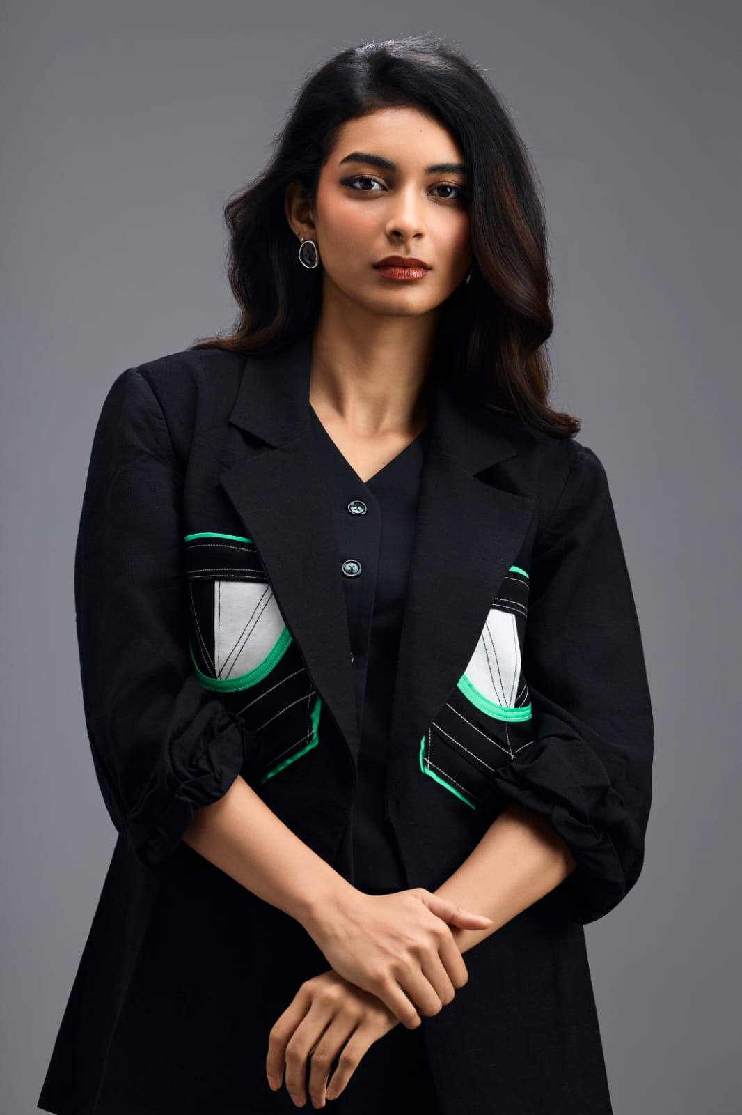 BLACK CO-ORD SET WITH GEOMETRIC PATCH DETAIL BLAZER, PEPLUM INNER AND RELAXED TROUSERS