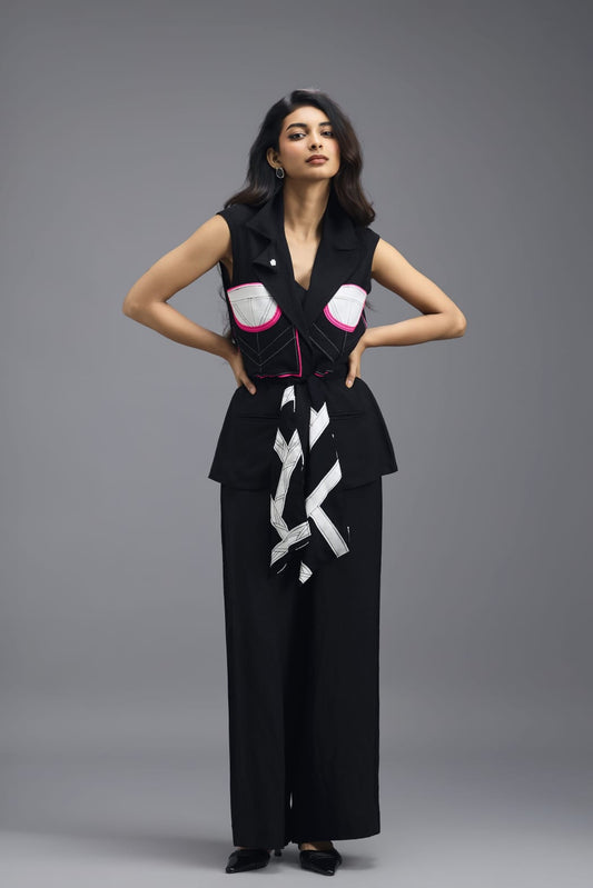 BLACK CO-ORD SET WITH NEON GEOMETRIC PANELLED SLEEVELESS BLAZER, TWISTED TOP AND TROUSERS