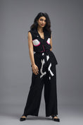 Load image into Gallery viewer, BLACK CO-ORD SET WITH NEON GEOMETRIC PANELLED SLEEVELESS BLAZER, TWISTED TOP AND TROUSERS
