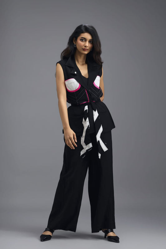 BLACK CO-ORD SET WITH NEON GEOMETRIC PANELLED SLEEVELESS BLAZER, TWISTED TOP AND TROUSERS