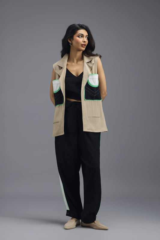 BEIGE CO-ORD SET WITH NEON GEOMETRIC PANELLED SLEEVELESS BLAZER, TWISTED TOP AND STRIPE PANTS