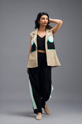 Load image into Gallery viewer, BEIGE CO-ORD SET WITH NEON GEOMETRIC PANELLED SLEEVELESS BLAZER, TWISTED TOP AND STRIPE PANTS
