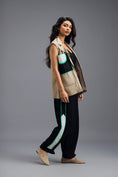 Load image into Gallery viewer, BEIGE CO-ORD SET WITH NEON GEOMETRIC PANELLED SLEEVELESS BLAZER, TWISTED TOP AND STRIPE PANTS
